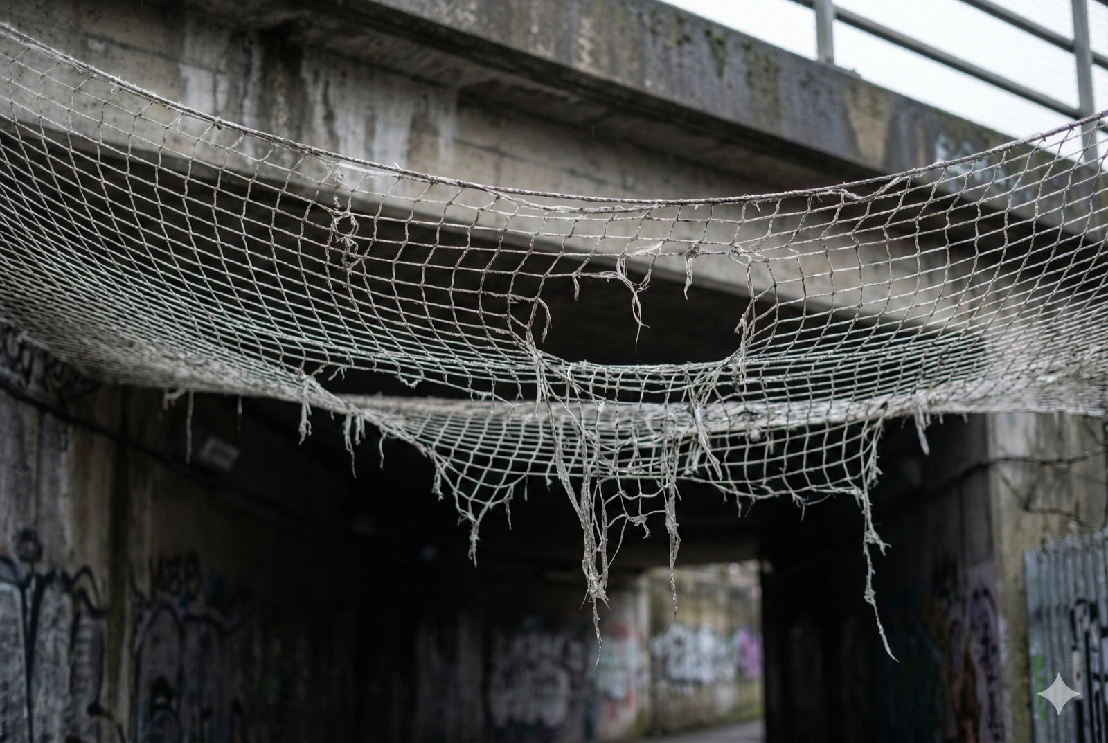 Damaged and torn bird netting hanging loosely under a bridge, showing the type of hazard that can trap birds