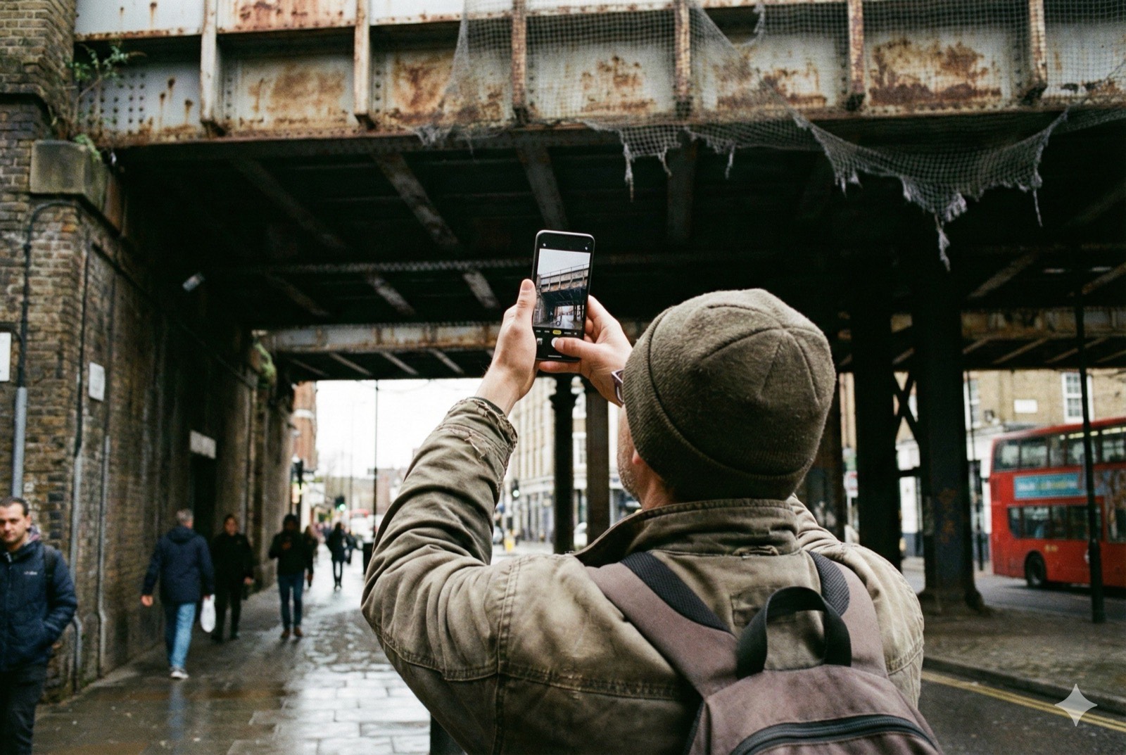 A person looking up and taking a photo of bridge netting with their phone in London, with a red bus visible in the background